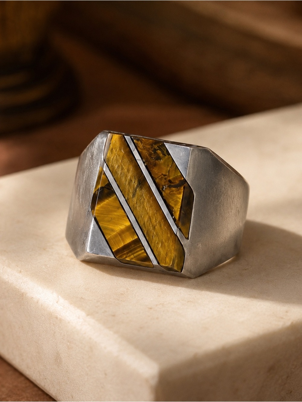 Vintage Mexico 925 Sterling Silver Tiger Eye Inlay Men’s Ring Size 13